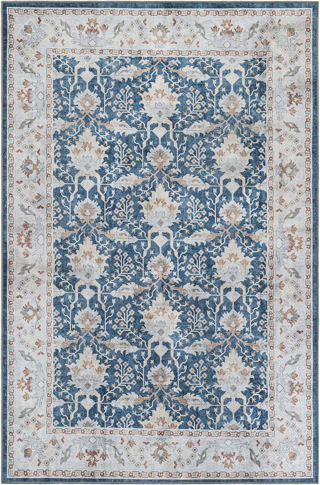 Washable Navy Blue 6' 1 x 9' Timeless Rectangle Area Rug Easy to Clean Stain Resistant & Durable Traditional Classic Vintage Design Carpet for Sale at Rug Engine