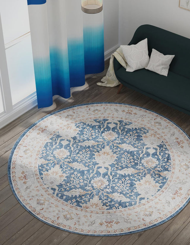 Washable Navy Blue 7' 10 x 7' 10 Timeless Round Area Rug Easy to Clean Stain Resistant & Durable Traditional Classic Vintage Design Carpet for Sale at Rug Engine