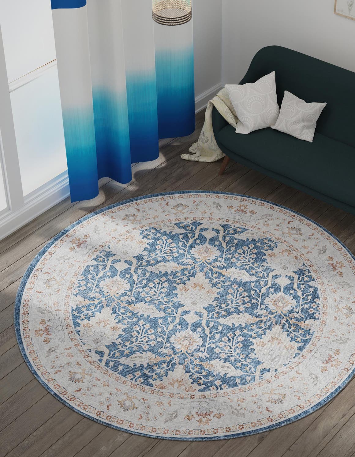 Washable Navy Blue 2' x 2' Timeless Round Area Rug Easy to Clean Stain Resistant & Durable Traditional Classic Vintage Design Carpet for Sale at Rug Engine