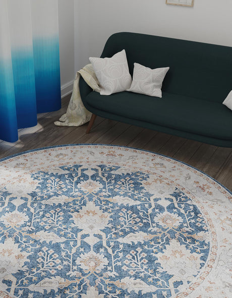 Washable Navy Blue 3' 6 x 3' 6 Timeless Round Area Rug Easy to Clean Stain Resistant & Durable Traditional Classic Vintage Design Carpet for Sale at Rug Engine