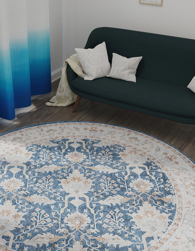 Washable Navy Blue 3' 6 x 3' 6 Timeless Round Area Rug Easy to Clean Stain Resistant & Durable Traditional Classic Vintage Design Carpet for Sale at Rug Engine