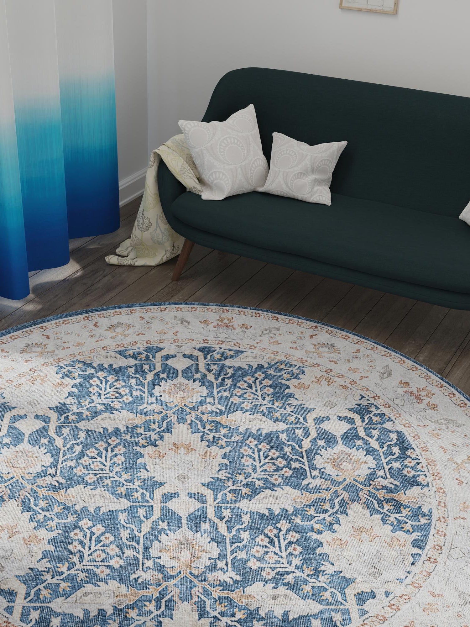 Washable Navy Blue 2' x 2' Timeless Round Area Rug Easy to Clean Stain Resistant & Durable Traditional Classic Vintage Design Carpet for Sale at Rug Engine