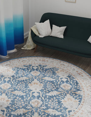 Washable Navy Blue 2' x 2' Timeless Round Area Rug Easy to Clean Stain Resistant & Durable Traditional Classic Vintage Design Carpet for Sale at Rug Engine