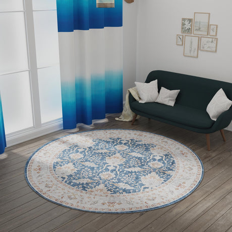 Washable Navy Blue 5' 1 x 5' 1 Timeless Round Area Rug Easy to Clean Stain Resistant & Durable Traditional Classic Vintage Design Carpet for Sale at Rug Engine