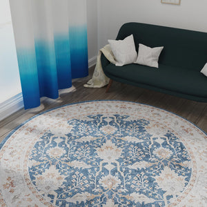 Washable Navy Blue 5' 1 x 5' 1 Timeless Round Area Rug Easy to Clean Stain Resistant & Durable Traditional Classic Vintage Design Carpet for Sale at Rug Engine