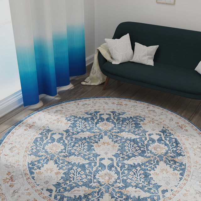Washable Navy Blue 5' 1 x 5' 1 Timeless Round Area Rug Easy to Clean Stain Resistant & Durable Traditional Classic Vintage Design Carpet for Sale at Rug Engine