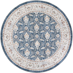 Washable Navy Blue 7' 10 x 7' 10 Timeless Round Area Rug Easy to Clean Stain Resistant & Durable Traditional Classic Vintage Design Carpet for Sale at Rug Engine