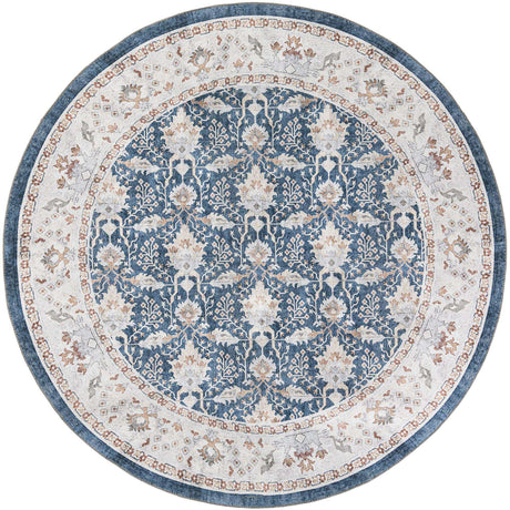 Washable Navy Blue 7' 10 x 7' 10 Timeless Round Area Rug Easy to Clean Stain Resistant & Durable Traditional Classic Vintage Design Carpet for Sale at Rug Engine