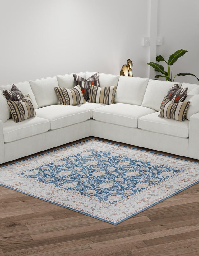 Washable Navy Blue 7' 10 x 7' 10 Timeless Square Area Rug Easy to Clean Stain Resistant & Durable Traditional Classic Vintage Design Carpet for Sale at Rug Engine