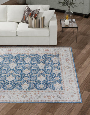 Washable Navy Blue 7' 10 x 7' 10 Timeless Square Area Rug Easy to Clean Stain Resistant & Durable Traditional Classic Vintage Design Carpet for Sale at Rug Engine