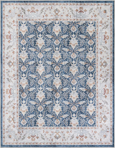 Washable Navy Blue 7' 10 x 10' Timeless Rectangle Area Rug Easy to Clean Stain Resistant & Durable Traditional Classic Vintage Design Carpet for Sale at Rug Engine