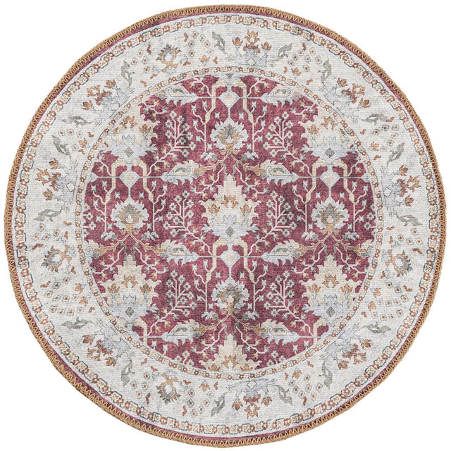 Washable Burgundy Red 2' x 2' Timeless Round Area Rug Easy to Clean Stain Resistant & Durable Traditional Classic Vintage Design Carpet for Sale at Rug Engine