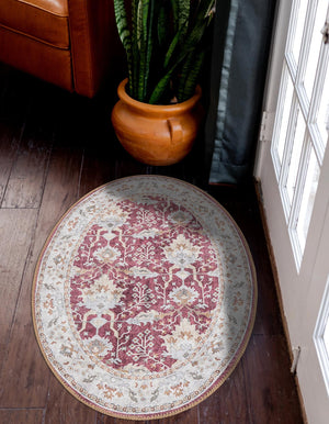 Washable Burgundy Red 2' x 3' 1 Timeless Oval Area Rug Easy to Clean Stain Resistant & Durable Traditional Classic Vintage Design Carpet for Sale at Rug Engine