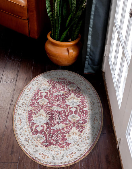 Washable Burgundy Red 2' x 3' 1 Timeless Oval Area Rug Easy to Clean Stain Resistant & Durable Traditional Classic Vintage Design Carpet for Sale at Rug Engine