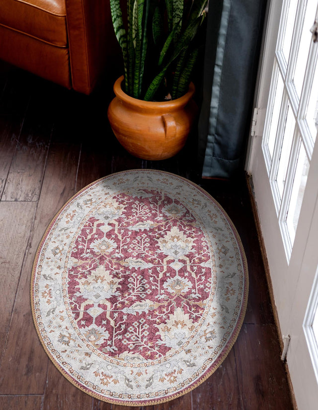 Washable Burgundy Red 2' x 3' 1 Timeless Oval Area Rug Easy to Clean Stain Resistant & Durable Traditional Classic Vintage Design Carpet for Sale at Rug Engine
