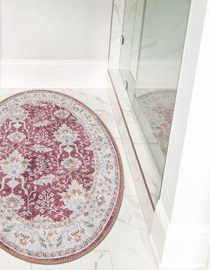 Washable Burgundy Red 2' x 3' 1 Timeless Oval Area Rug Easy to Clean Stain Resistant & Durable Traditional Classic Vintage Design Carpet for Sale at Rug Engine