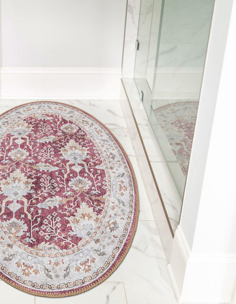 Washable Burgundy Red 2' x 3' 1 Timeless Oval Area Rug Easy to Clean Stain Resistant & Durable Traditional Classic Vintage Design Carpet for Sale at Rug Engine