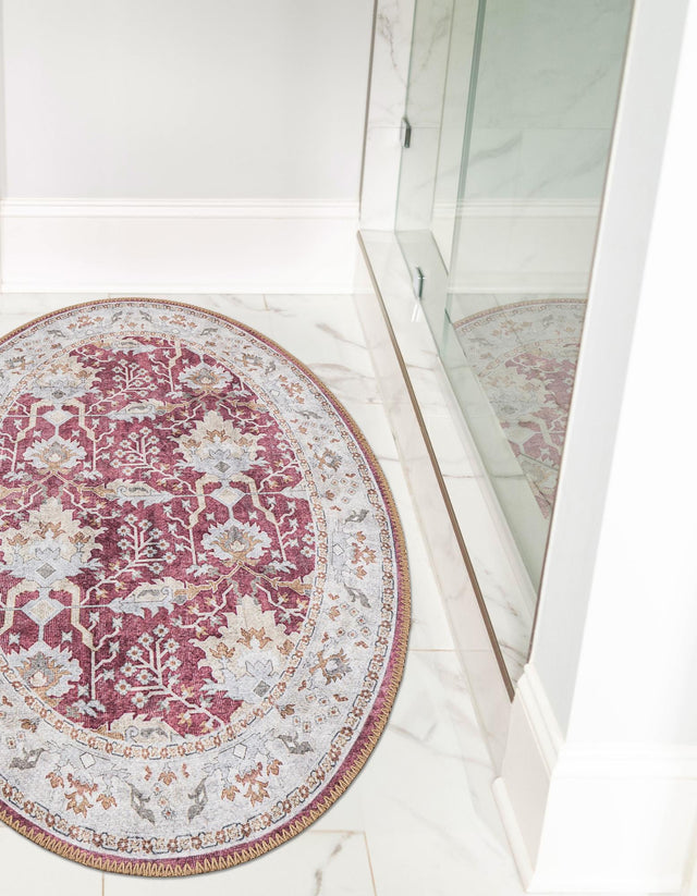 Washable Burgundy Red 2' x 3' 1 Timeless Oval Area Rug Easy to Clean Stain Resistant & Durable Traditional Classic Vintage Design Carpet for Sale at Rug Engine