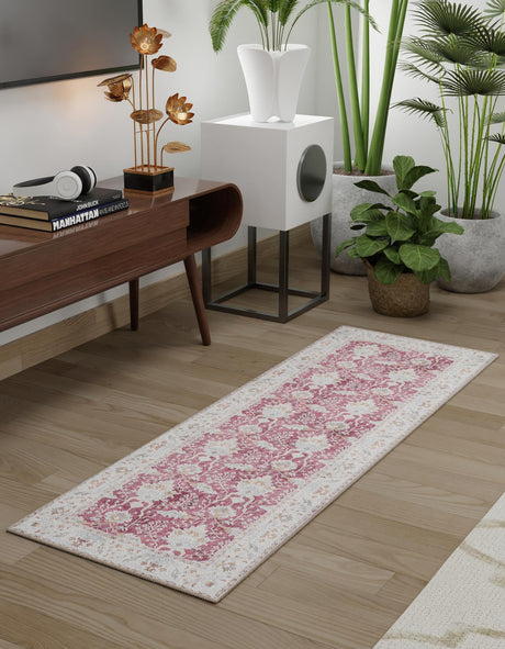 Washable Burgundy Red 2' x 8' Timeless Runner Area Rug Easy to Clean Stain Resistant & Durable Traditional Classic Vintage Design Carpet for Sale at Rug Engine