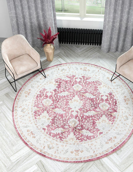 Washable Burgundy Red 2' x 2' Timeless Round Area Rug Easy to Clean Stain Resistant & Durable Traditional Classic Vintage Design Carpet for Sale at Rug Engine