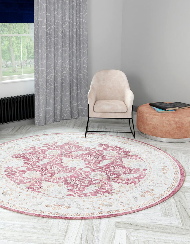 Washable Burgundy Red 7' 10 x 7' 10 Timeless Round Area Rug Easy to Clean Stain Resistant & Durable Traditional Classic Vintage Design Carpet for Sale at Rug Engine