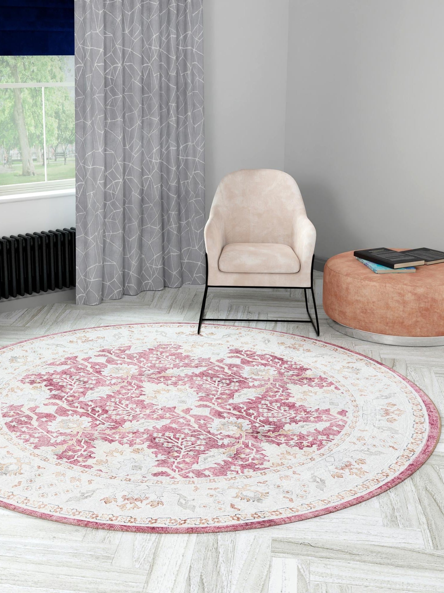 Washable Burgundy Red 2' x 2' Timeless Round Area Rug Easy to Clean Stain Resistant & Durable Traditional Classic Vintage Design Carpet for Sale at Rug Engine