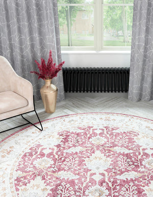 Washable Burgundy Red 7' 10 x 7' 10 Timeless Round Area Rug Easy to Clean Stain Resistant & Durable Traditional Classic Vintage Design Carpet for Sale at Rug Engine