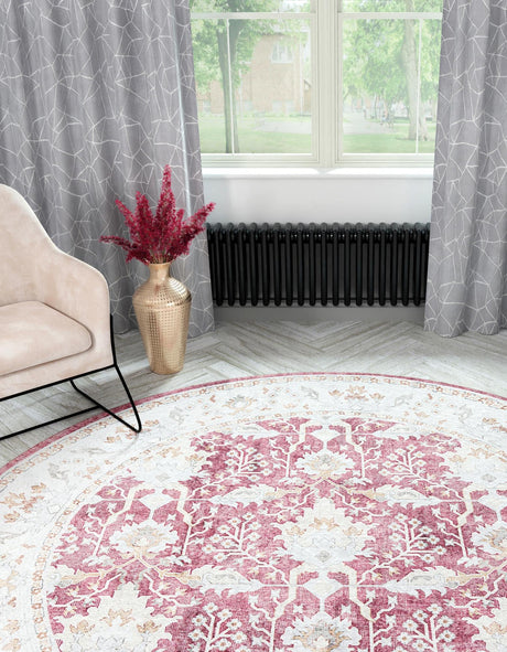 Washable Burgundy Red 5' 1 x 5' 1 Timeless Round Area Rug Easy to Clean Stain Resistant & Durable