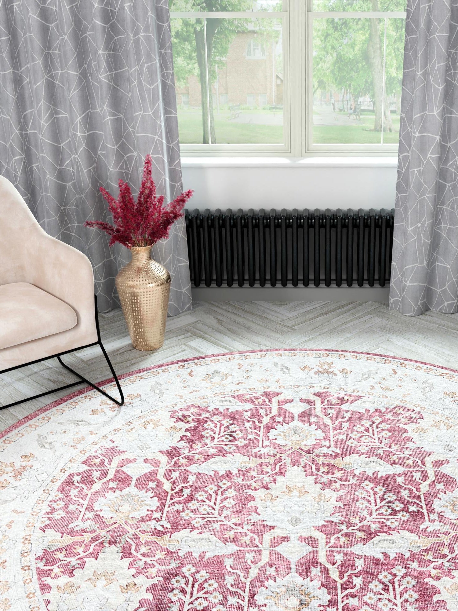 Washable Burgundy Red 3' 6 x 3' 6 Timeless Round Area Rug Easy to Clean Stain Resistant & Durable Traditional Classic Vintage Design Carpet for Sale at Rug Engine