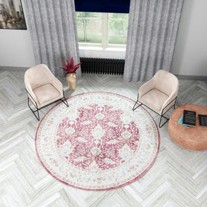 Washable Burgundy Red 7' 10 x 7' 10 Timeless Round Area Rug Easy to Clean Stain Resistant & Durable Traditional Classic Vintage Design Carpet for Sale at Rug Engine