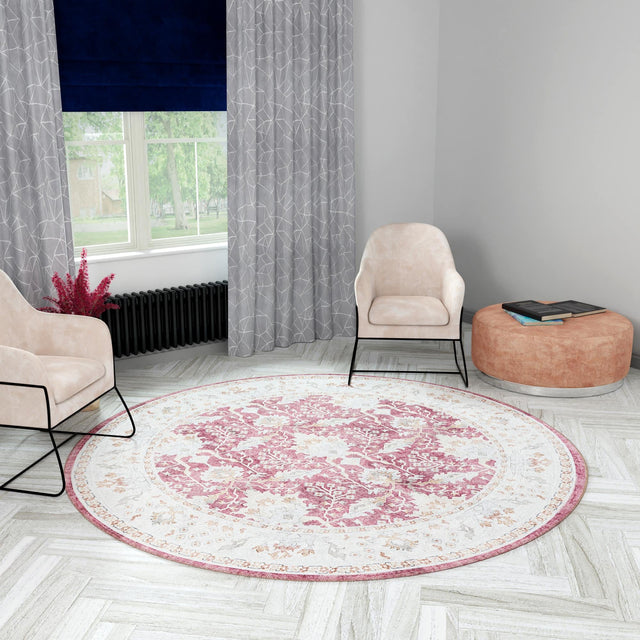 Washable Burgundy Red 7' 10 x 7' 10 Timeless Round Area Rug Easy to Clean Stain Resistant & Durable Traditional Classic Vintage Design Carpet for Sale at Rug Engine