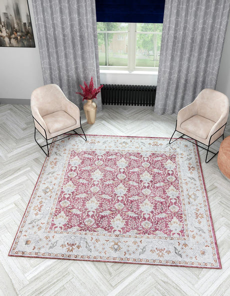 Washable Burgundy Red 7' 10 x 7' 10 Timeless Square Area Rug Easy to Clean Stain Resistant & Durable Traditional Classic Vintage Design Carpet for Sale at Rug Engine