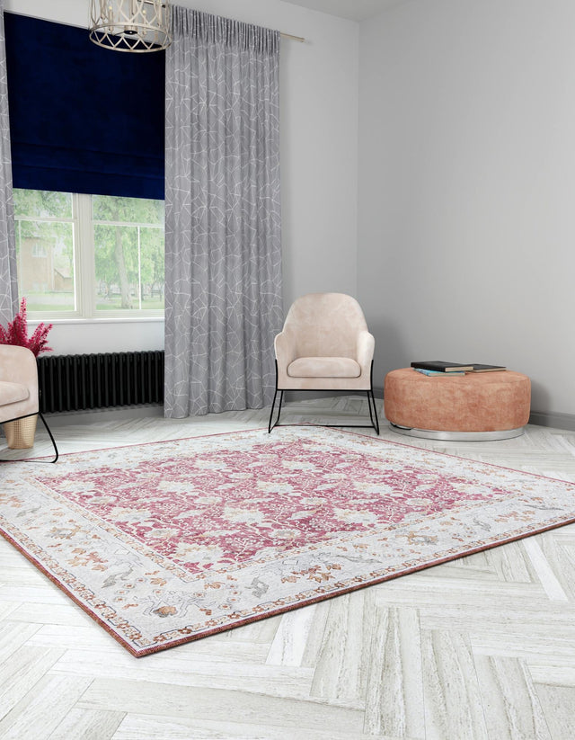 Washable Burgundy Red 7' 10 x 7' 10 Timeless Square Area Rug Easy to Clean Stain Resistant & Durable Traditional Classic Vintage Design Carpet for Sale at Rug Engine