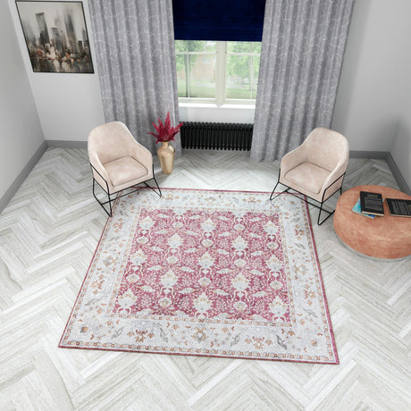 Washable Burgundy Red 7' 10 x 7' 10 Timeless Square Area Rug Easy to Clean Stain Resistant & Durable Traditional Classic Vintage Design Carpet for Sale at Rug Engine
