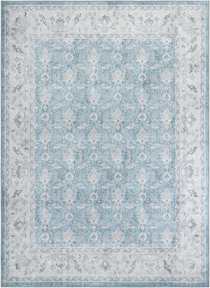 Washable Teal blue 9' 5 x 13' 1 Timeless Rectangle Area Rug Easy to Clean Stain Resistant & Durable Traditional Classic Vintage Design Carpet for Sale at Rug Engine
