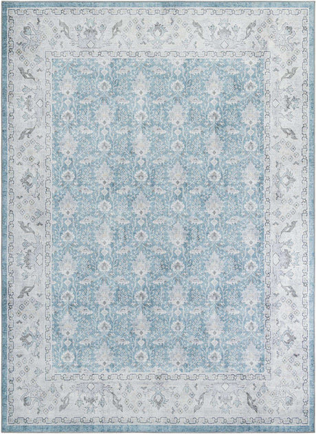 Washable Teal blue 9' 5 x 13' 1 Timeless Rectangle Area Rug Easy to Clean Stain Resistant & Durable Traditional Classic Vintage Design Carpet for Sale at Rug Engine