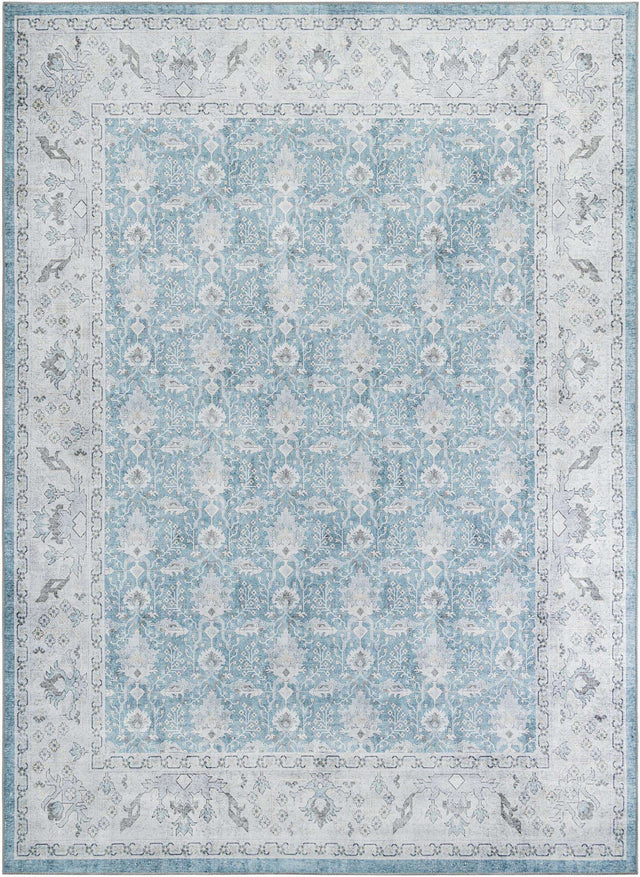 Washable Teal blue 9' 5 x 13' 1 Timeless Rectangle Area Rug Easy to Clean Stain Resistant & Durable Traditional Classic Vintage Design Carpet for Sale at Rug Engine
