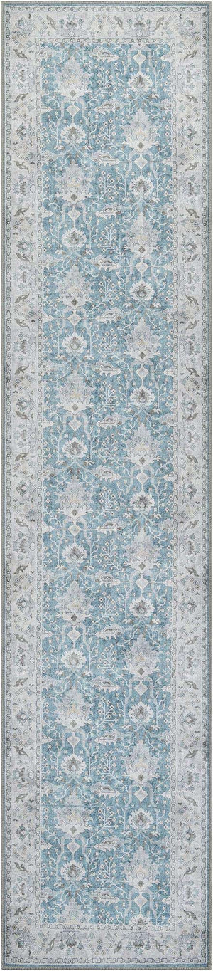 Washable Teal blue 2' 7 x 12' Timeless Runner Area Rug Easy to Clean Stain Resistant & Durable Traditional Classic Vintage Design Carpet for Sale at Rug Engine