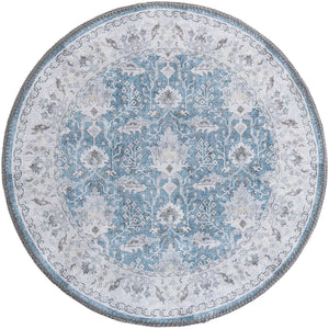 Washable Teal blue 2' x 2' Timeless Round Area Rug Easy to Clean Stain Resistant & Durable Traditional Classic Vintage Design Carpet for Sale at Rug Engine