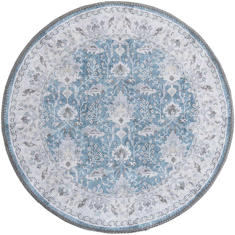 Washable Teal blue 2' x 2' Timeless Round Area Rug Easy to Clean Stain Resistant & Durable Traditional Classic Vintage Design Carpet for Sale at Rug Engine