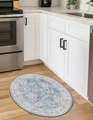 Washable Teal blue 2' x 3' 1 Timeless Oval Area Rug Easy to Clean Stain Resistant & Durable Traditional Classic Vintage Design Carpet for Sale at Rug Engine
