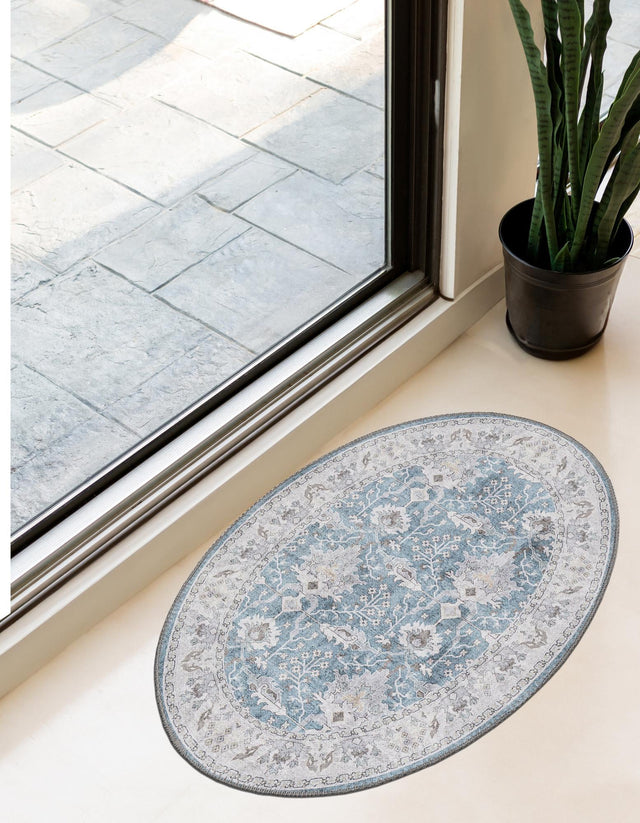Washable Teal blue 2' x 3' 1 Timeless Oval Area Rug Easy to Clean Stain Resistant & Durable Traditional Classic Vintage Design Carpet for Sale at Rug Engine