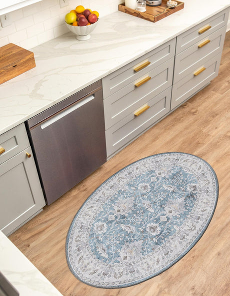 Washable Teal blue 2' x 3' 1 Timeless Oval Area Rug Easy to Clean Stain Resistant & Durable Traditional Classic Vintage Design Carpet for Sale at Rug Engine