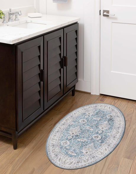 Washable Teal blue 2' x 3' 1 Timeless Oval Area Rug Easy to Clean Stain Resistant & Durable Traditional Classic Vintage Design Carpet for Sale at Rug Engine
