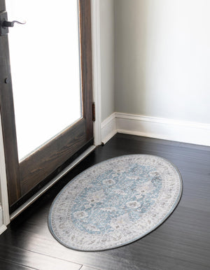 Washable Teal blue 2' x 3' 1 Timeless Oval Area Rug Easy to Clean Stain Resistant & Durable Traditional Classic Vintage Design Carpet for Sale at Rug Engine