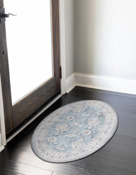 Washable Teal blue 2' x 3' 1 Timeless Oval Area Rug Easy to Clean Stain Resistant & Durable Traditional Classic Vintage Design Carpet for Sale at Rug Engine