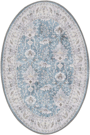 Washable Teal blue 2' x 3' 1 Timeless Oval Area Rug Easy to Clean Stain Resistant & Durable Traditional Classic Vintage Design Carpet for Sale at Rug Engine