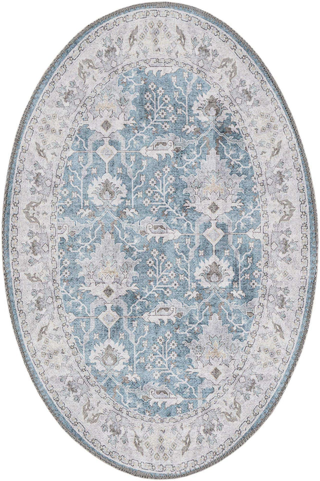 Washable Teal blue 2' x 3' 1 Timeless Oval Area Rug Easy to Clean Stain Resistant & Durable Traditional Classic Vintage Design Carpet for Sale at Rug Engine