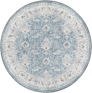 Washable Teal blue 3' 6 x 3' 6 Timeless Round Area Rug Easy to Clean Stain Resistant & Durable Traditional Classic Vintage Design Carpet for Sale at Rug Engine