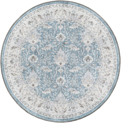 Washable Teal blue 3' 6 x 3' 6 Timeless Round Area Rug Easy to Clean Stain Resistant & Durable Traditional Classic Vintage Design Carpet for Sale at Rug Engine